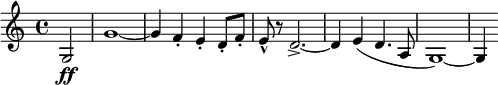 
\language "italiano"

\layout {
  indent = 0 \mm
  short-indent = 0 \mm
  line-width = 12.5 \cm
}

\relative do' {
  \key do \major
  \clef treble
  \time 4/4
  \partial 2 sol2_\ff | sol'1~ | sol4 fa4_. mi4_. re8_. fa8_. | mi8_^ r8 re2._>~| re4 mi4( re4. la8 | sol1)~ | sol4
}
