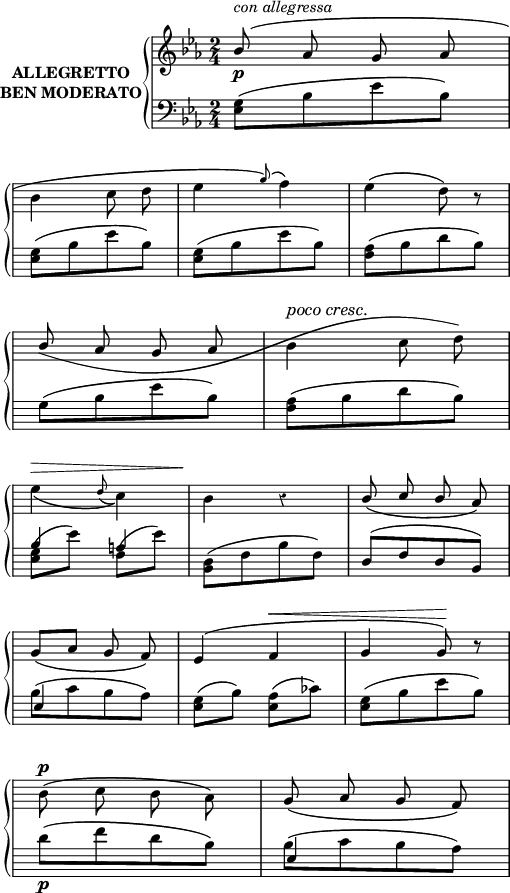 

\version "2.14.2"

\header {
  % Eliminar el pie de página predeterminado de LilyPond
  tagline = ##f
}

\layout {
  \context {
    \Score
    \remove "Bar_number_engraver"
  }
}

global = {
  \set Score.tempoHideNote = ##t
  \tempo 4 = 100
  \key es \major
  \time 2/4
%  \partial4
  \override Staff.Rest #'style = #'classical
  \override Staff.KeySignature #'break-visibility = #'#(#f #f #f)
  \override Staff.Clef #'break-visibility = #'#(#f #f #f)
  \override Staff.TimeSignature #'break-visibility = #'#(#f #t #t)
  \override Score.SystemStartBar #'collapse-height = #-1
  \override Stem #'neutral-direction = #1
  \override DynamicTextSpanner #'style = #'none
}

rightA = \relative c'' {
  \global
  % La música continúa aquí.
  \autoBeamOff
  \override Stem #'neutral-direction = #1
  bes8\(_\p^\markup{ \italic {con allegressa}} as g as \break
  \override Stem #'neutral-direction = #-1
  bes4 c8 d
  es4 \grace {g8\)\(} f4\)
  es4\( d8\) r \break
  \override Stem #'neutral-direction = #1
  \set crescendoText = \markup { \italic {poco cresc.}}
  \set crescendoSpanner = #'text
  \once \override Staff.PhrasingSlur #'control-points = #'((0 . -1) (30 . -11) (35 . 9) (60 . 3))
  bes8\( as g as 
  \stemDown bes4^\< c8 d\) \break
  es4^\>_\( \grace {d8(} c4)\)
  bes4\! r
  \stemUp bes8_\( c bes as\) \break
  g8\([ as] g f\)
  \unset crescendoSpanner 
  \stemNeutral
  es4^\( f^\<
  g4 g8\)\! r \break
  \stemDown
  bes8^\(^\p c bes as\)
  \stemNeutral
  g8_\( as g f\) \break
}

rigthB = \relative c' {
  \global
  \override Staff.KeySignature #'stencil = ##f
  \override Staff.TimeSignature #'stencil = ##f
  \override Staff.Clef #'stencil = ##f  \autoBeamOff
  es4_\(^\< f
  es4.\)\! r8
  es'8^\(^\pp d\)^\< es\( d\) \break
  es8^\( d\) es^\( d\)
  es4^\( c
  bes4\) r \break
  <es es'>8^\ff^\( <d d'>^\> <es es'> <c c'>\)
  <bes bes'>8\( <c c'> <bes bes'> <as as'>\) \break
  <g g'>4^\( <f f'>
  <es es'>4\)\! r \bar"||"
  es4^\markup { \italic {Tornada. grazioso}} f8_\( g\) \break
  bes4 bes8 bes
  c4^\( d8 es
  bes4\) r \break
  <es es'>4 <d d'>8 <c c'>
  <bes bes'>4 <bes bes'>8 <bes bes'>
  <c c'>4_\ff <d d'>
  <es es'>4 r^\fermata \bar"|."
  
}

leftA = \relative c {
  \global
  \set Staff.beatStructure = #'(4)
  % La música continúa aquí.
  <es g>8^\( bes' es bes\)
  <es, g>8^\( bes' es bes\)
  <es, g>8^\( bes' es bes\)
  <f as>8^\( bes d bes\)
  g8^\( bes es bes\)
  <f as>8^\( bes d bes\)
  <<
    {bes4 a}
    \\
    {<es g>8^\([ es']\) f,^\([ es']\)}
  >>
  <bes, d>8^\( f' bes f\)
  d8^\( f d bes\)
  <<
    {es4}
    \\
    {bes'8^\( c bes as\)}
  >>
  <es g>8[\( bes']\) <es, as>\([ ces']\)
  <es, g>8^\( bes' es bes\)
  d8^\(_\p f d bes\)
  <<
    {es,4}
    \\
    {bes'8^\( c bes as\)}
  >>  
}

leftB = \relative c {
  \global
  \override Staff.KeySignature #'stencil = ##f
  \override Staff.TimeSignature #'stencil = ##f
  \override Staff.Clef #'stencil = ##f  <es g>8\([ bes'\)] <bes, as'>8^\([ bes'\)]
  <es, g>8^\( bes' es bes\)
  <c, es>8^\( g' c g\)
  <bes, es>8^\( g' bes g\)
  <as, es'>8^\( as' c as\)
  <es g>8^\( bes' es bes\)
  <es,, es'>8_\ff[ <f f'>] <g g'>[ <as as'>]
  <g es'>8 <as es'> <bes es> <c es>
  <bes es g>8^\([ bes'\)] <bes, d f as>^\( bes'\)
  <es, g>8^\([ bes'\)] <es, g>4
  <es g>8^\( bes' es bes\)
  <es, g>8^\( bes' es bes\)
  <es, as>8^\( c' es c\)
  <es, g>8^\( bes' es bes\)
  <es, es'>8[ <c c'>] <bes bes'>[ <as as'>]
  <g g'>8[ <es es'>] <f d'>[ <g d'>]
  <<
    { <c es>8_\([ as'\)] d,_\([ f\)] }
    \\
    { as,4 bes4}
  >>
  \stemDown
  <es, g bes es>4 r^\fermata
}

lletraA = \lyricmode {
  ¿Que li do -- na -- rém á la pas -- to -- re -- ta?
  ¿Que li do -- na -- rém per a -- ná'_á ba -- llar?
  Jo n'hi vull do -- nar u -- na ca -- pu -- txe -- ta
  y_á la mon -- ta -- nye -- ta jo la'n 
}

lletraB = \lyricmode {
  vull fé'_a -- nar.
  Y_á la mon -- ta -- nye -- ta no_hi tro -- na, ni plou,
  y_en la ter -- ra pla -- na tot lo vent ho mou.
  So -- ta l'om -- bre -- ta, l'om -- bre -- ta, l'om -- bri,
  flors y vi -- o -- las y ro -- ma -- ní.
}

\score {
  \new StaffGroup \with {
    instrumentName = \markup {
      \center-column \bold {ALLEGRETTO "BEN MODERATO"}
    }
    systemStartDelimiter = #'SystemStartBrace
  } <<
    \new Staff = "right" \with {
      midiInstrument = "acoustic grand"
    } { \rightA}
    \new Lyrics \lyricsto "right" {
      \lletraA 
    }
    \new Staff = "left" \with {
      midiInstrument = "acoustic grand"
    } { \clef bass \leftA}
  >>
  \layout {
    indent = 35
    %    ragged-last = ##t
    line-width = 125
  }
}
\score {
  {<<{\rightA \rigthB}\\{\leftA \leftB}>>}
  \midi{}
}
