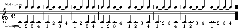 <<
  \new DrumStaff \with {
    \override VerticalAxisGroup #'default-staff-staff-spacing =
      #'((basic-distance . 3.5)
        (padding . .25))
  } {
    \override Score.SystemStartBar #'stencil = ##f
    \override Staff.StaffSymbol #'line-count = #1
    \override Staff.Clef #'stencil = ##f
    \override Staff.TimeSignature #'stencil = ##f
    \once \override Score.RehearsalMark #'extra-offset = #'(0 . -10.5)
    \mark \markup \tiny { \right-align
                          \column {
                            \line {"Nota base:"}
                            \line {\lower #8 "Tiempo:"}
                          }
    }
    \stemUp
    c4 c c c
    c~ c c~ c
    c~ c c c
    c c c~ c
    c c~ c c
    c~ c~ c c
    c c~ c~ c
    c~ c~ c~ c
  }
  \new Staff {
    <<
      \relative c' {
        c4 c c c
        c2 c2
        c2 c4 c
        c c c2
        c4 c2 c4
        c2. c4
        c c2.
        c1
        \bar "|."
      }
      \new Voice {
        \override TextScript #'staff-padding = #2
        \repeat unfold 8 {s4_"1" s_"2" s_"3" s_"4"}
      }
    >>
  }
>>