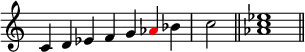 
{
\override Score.TimeSignature #'stencil = ##f
\relative c' { 
  \clef treble
  \time 7/4 c4 d es f g \once \override NoteHead.color = #red aes bes  \time 2/4 c2 \bar "||"
  \time 4/4 <aes c es>1 \bar "||"
} }
