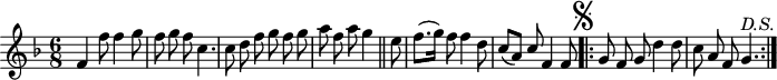 
music = {
    \language "english"
    {
        { \new PianoStaff <<
            { \new Staff <<
                \set Staff.midiInstrument = "violin"
                \relative c' {
                    \autoBeamOff
                    \set Score.tempoHideNote = ##t \tempo 4 = 100
                    \key f \major
                    \time 6/8
                    
                    f4 f'8 f4 g8 |
                    f g f c4. |
                    c8 d f g f g |
                    a f a g4 \bar "||"
                    
                    e8 |
                    f8.([ g16]) f8 f4 d8 |
                    \stemUp c([ a]) c f,4 f8
                    \bar "|"
                    \repeat segno 2 {
                        \mark \markup { \musicglyph "scripts.segno" }
                        \stemUp g8 f g \stemDown d'4 d8 |
                        c \stemUp a f g4.^\markup \italic "D.S."
                    }
                    \bar ":|."
                }
            >> }
        >> }
    }
}
\header {
    tagline = "" % no footer
}
\score {
  \music
  \layout { }
}
\score {
  \unfoldRepeats {
    \music
  }
  \midi { }
}
