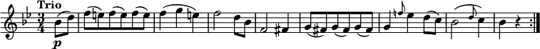 
\version "2.18.2"
\relative c'' {
 \key bes \major
 \time 3/4
 \tempo "Trio "
 \tempo 4 = 140
 \partial 4 bes8 \p (d)
 f (e) f (e) f (e)
 f4 (g e)
 f2 d8 bes
 f2 fis4
 g8 (fis) g (fis) g (fis)
 g4 \grace f'!8 ees4 d8 (c)
 bes2 (\grace d8 (c4))
 bes r \bar ":|."
}
