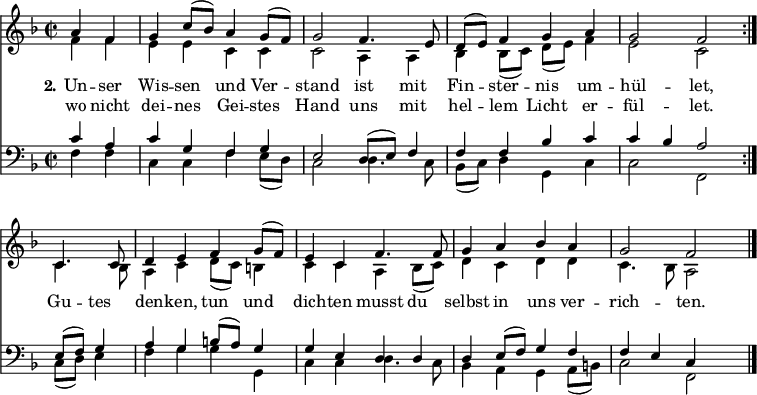 
<< <<
\new Staff { \clef treble \time 2/2 \partial 2 \key f \major \set Staff.midiInstrument = "church organ" \set Score.tempoHideNote = ##t \override Score.BarNumber  #'transparent = ##t
  \relative c'' \repeat volta 2 { << { \set Timing.measurePosition = #(ly:make-moment -2/4) a4 f | g c8( bes) a4 g8( f) | g2
  f4. e8 | d8( e) f4 g a | g2 f \break } \\ 
  { f4 f | e e c c | c2
  a4 a4 | bes bes8( c) d( e) f4 | e2 c } 
  >> }
  \relative c'
  << { \set Timing.measurePosition = #(ly:make-moment -2/4) c4. c8 | d4 e f g8( f) | e4 c
  f4. f8 | g4 a bes a | g2 f \bar"|." } \\
  { c4. bes8 | a4 c d8( c) b4 | c4 c
  a4 bes8( c) | d4 c d d | c4. bes8 a2 } >>
}
\new Lyrics \lyricmode { \set stanza = #"2."
Un4 -- ser Wis -- sen und Ver -- stand2
ist4 mit Fin -- ster -- nis um -- hül2 -- let,
Gu4 -- tes den -- ken, tun und dich -- ten
musst4 du selbst in uns ver -- rich2 -- ten.
}
\new Lyrics \lyricmode {
wo4 nicht dei -- nes Gei -- stes Hand2
uns4 mit hel -- lem Licht er -- fül2 -- let.
}
\new Staff { \clef bass \key f \major \set Staff.midiInstrument = "church organ"
  \relative c' \repeat volta 2 { << { c4 a | c g f g | e2
  d8( e) f4 | f f bes c | c bes a2 } \\ 
  { f4 f | c c f e8( d) | c2
  d4. c8 | bes8( c) d4 g, c | c2 f, } 
  >> }
  \relative c'
  << { e,8( f) g4 | a g b8([ a]) g4 | g4 e
  d d | d4 e8( f) g4 f | f4 e c } \\
  { c8( d) e4 | f g g g, | c4 c
  d4. c8 | bes4 a g a8( b) | c2 f, } >>
}
>> >>
\layout { indent = #0 }
\midi { \tempo 4 = 90 }
