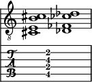  
<<
  %\override Score.BarLine.break-visibility = ##(#f #t #t)
  \time 2/1
    \new Staff  {
    \clef "treble_8"
        \once \override Staff.TimeSignature #'stencil = ##f
        < cis e b cis' >1 | < des fes ces' des' >1 |
    }

     \new TabStaff {
       \override Stem #'transparent = ##t
       \override Beam #'transparent = ##t 
      s2 < cis\5 e\4 b\3 cis'\2 >1 s2
  }
>>
