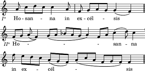 
\language "italiano"
melody = \relative do'' {
  \key do \major
  \autoBeamOff
  s8_\markup { \hspace #-5 {{ \italic "I°" }}} la8 do[ re do] do4 la8 fa sol[ la sol] sol4( fa) \bar "||" \break
  fa8[\(_\markup { \hspace #-4 {{ \italic "II°" }}} sol] la( fa4)\) sol8[\( la] sib[ \bar "" la sol] la4\) fa8[ la] do4( \bar "" re8) do4 \bar "'" \break
  fa8 mi[ re do] la[\( \bar "" sol fa]\) la[\( do la] fa[ sol fa]\) \bar " " fa4 \bar "||"
}
text = \lyricmode {
   Ho -- san -- na in ex -- cél -- sis 
   Ho - \skip 1 - \skip 1 - san -- na
   in ex -- cél - \skip 1   sis
}
\score {
  <<
    \new Voice = "mel" { \autoBeamOff \melody }
    \new Lyrics \lyricsto mel \text
  >>
  \layout {
    \context { \Staff 
               \RemoveEmptyStaves 
               \remove Time_signature_engraver
             }
    indent = 0\cm
    line-width = #120
    \override Score.BarNumber #'stencil = ##f
  }
  \midi { }
}
\header { tagline = ##f}
