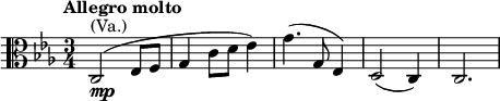  \relative g, { \clef alto \key c \minor \time 3/4 \tempo "Allegro molto" c2^\markup { (Va.)}_\markup { \dynamic mp }( es8 f | g4 c8 d8 es4) | g4.( g,8 es4) | d2( c4) | c2. }