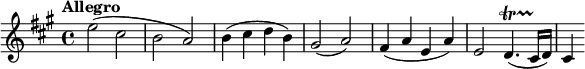 
\relative c'' { \set Staff.midiInstrument = #"violin" \tempo "Allegro" \tempo 4 = 126 \key a \major \time 4/4 e2( cis | ba) |  b4( cis db) |  gis2(a) |  fis4( alan) |  e2 d4.(\startTrillSpan cis16\stopTrillSpan d) |  cis4 }
