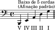 X:1
L:1/4
K:C bass
"^Baixo de 5 cordas""^(Afinação padrão)"
B,,, E,, A,, D, G, ||
w: V IV III II I