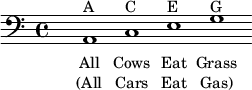 
\relative c{
\clef bass
s2 \cadenzaOn
a1^\markup{A} c^\markup{C} e^\markup{E} 
g^\markup{G} 
\cadenzaOff
}
\addlyrics { \small {
All Cows Eat Grass
} }
\addlyrics { \small {
(All Cars Eat Gas)
} } 
