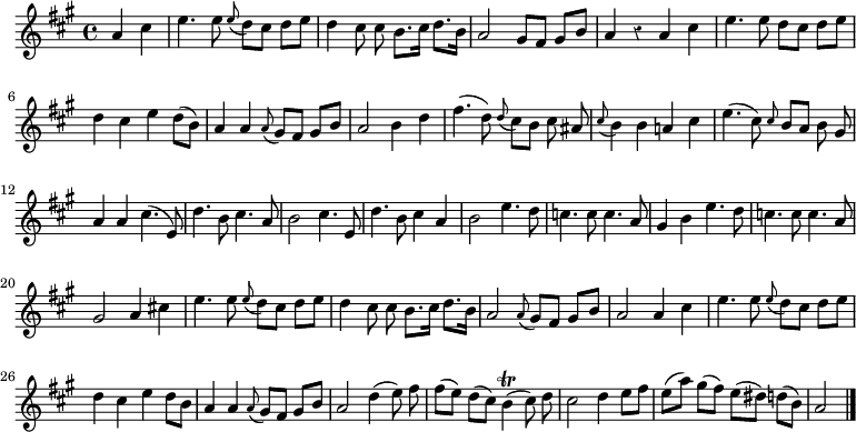 
\relative c'' {
  \override Rest #'style = #'classical
  \key a \major
  \partial 2
  \autoBeamOff
  a cis
  e4. e8 \appoggiatura e d[ cis] d[ e]
  d4 cis8 cis b8.[ cis16] d8.[ b16]
  a2 gis8[ fis] gis[ b]
  a4 r a cis
  e4. e8 d[ cis] d[ e]

  d4 cis e d8[( b])
  a4 a \appoggiatura a8 gis[ fis] gis[ b]
  a2 b4 d
  fis4.( d8) \appoggiatura d cis[ b] cis ais
  \appoggiatura cis b4 b a! cis
  e4.( cis8) \grace cis b[ a] b gis
  a4 a cis4.( e,8)

  d'4. b8 cis4. a8
  b2 cis4. e,8
  d'4. b8 cis4 a
  b2 e4. d8
  c4. c8 c4. a8
  gis4 b e4. d8
  c4. c8 c4. a8
  gis2 a4 cis!

  e4. e8 \appoggiatura e d[ cis] d[ e]
  d4 cis8 cis b8.[ cis16] d8.[ b16]
  a2 \appoggiatura a8 gis[ fis] gis[ b]
  a2 a4 cis
  e4. e8 \appoggiatura e d[ cis] d[ e]
  d4 cis e d8[ b]

  a4 a \appoggiatura a8 gis8[ fis] gis[ b]
  a2 d4( e8) fis
  fis[( e]) d[( cis]) b4\trill( cis8) d
  cis2 d4 e8[ fis]
  e[( a]) gis[( fis]) e[( dis]) d[( b])
  a2
  \bar "|."
}
