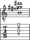  
<<
  %\override Score.BarLine.break-visibility = ##(#f #t #t)
  \time 1/1
    \new Staff  {
    \clef "treble_8"
        \once \override Staff.TimeSignature #'stencil = ##f
        <  b fis' gis' dis''>1
    }

     \new TabStaff {
       \override Stem #'transparent = ##t
       \override Beam #'transparent = ##t 
      <  b\4 fis'\3 gis'\2 dis''\1>1
  }
>>
