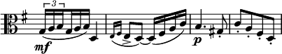 
\relative c' \new Staff \with { \remove "Time_signature_engraver" } {
 \set Score.tempoHideNote = ##t \tempo "" 4=108 \key g \major \time 2/4 \clef alto
 \set subdivideBeams = ##t
 \set baseMoment = #(ly:make-moment 1 8)
 \set beatStructure = #'(2 2 2 2)
 \times 2/3 { g16\mf ( a b } g16*2/3 a b) d,4 \set subdivideBeams = ##f
 \grace { e16( fis } e8-> d)~ d16( fis a c) b4.\p gis8-. c-.[ a-. fis-. d-.]
}
