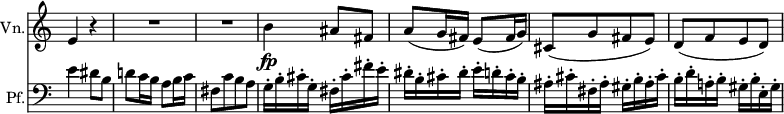 
<<
 \relative c' \new Staff
 \with { instrumentName = "Vn." } \with { \remove "Time_signature_engraver" } {
 \key a \minor \time 2/4 \set Score.tempoHideNote = ##t \tempo "" 4=96
  \override Score.NonMusicalPaperColumn #'line-break-permission = ##f
  e4 r R2 R b'4\fp ais8 fis a( g16 fis) e8( fis16 g)
  cis,8( [ g' fis e] ) d( [ f e d] )
 }
 \relative c \new Staff
 \with { instrumentName = "Pf." } \with { \remove "Time_signature_engraver" } {
  \key a \minor \time 2/4 \clef bass 
  e'4 dis8 b d!8 c16 b a8 b16 c fis,8[ c' b a]
  g16-. b-. cis-. g-. fis-. cis'-. fis-. e-. dis-. b-. cis-. dis-. e-. d-. cis-. b-.
  ais-. cis-. fis,-. ais-. gis-. b-. ais-. cis-. b-. d-. a!-. b-. gis-. b-. e,-. gis-.
 }
>>
