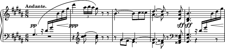 
 \relative c' {
  \new PianoStaff <<
   \new Staff = "R" { \key gis \minor \time 6/8
    \set Score.tempoHideNote = ##t \tempo "Andante." 4=60
    \shape #'((1.5 . -8.5) (1 . -0.5) (0 . 3.5) (-0.5 . -1)) Slur
    \change Staff = "L" \stemUp gis4.( d'16\rest dis gis \change Staff = "R" \stemNeutral b dis gis
    dis'4 \times 2/3 { ais16 b ais } gis8) r r b,4.-^ ~ b8 cis cisis
    << { dis4.~ dis8 } \\ { ais4.~ ais8 } >> r <dis ais dis,>
    <b dis, b>4. \change Staff = "L" \stemUp d,16\rest dis gis \change Staff = "R" \stemDown b dis gis
   }
   \new Dynamics {
    s2\pp s16 s\< s8 s2.\ppp s s2 s8 s\sff s2\sff s16 s\< s s\!
   }
   \new Staff = "L" { \key gis \minor \time 6/8 \clef bass
    R2. r4 \clef treble <dis cis>8( <dis b>) r r r
    << { gis,4~ gis4.~ gis fisis8 } \\ { gis8 fis e4. dis4.~ dis8 } >> r \clef bass <fisis, dis ais fisis>
    <gis dis gis,>4. a,4\rest b8\rest
   }
  >>
 }
