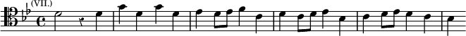 \relative d' { \clef tenor \key bes \major \time 4/4 \override Score.Rest #'style = #'classical \mark \markup \tiny { (VII.) }
  d2 r4 d | g d g d | ees d8 ees f4 c | d c8 d ees4 bes | c d8 ees d4 c | bes }