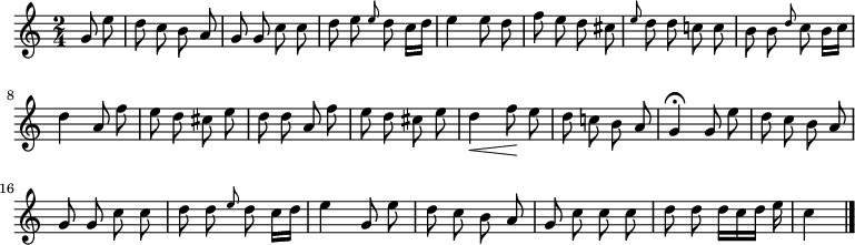 
\relative c'' {
  \key c \major
  \time 2/4
  \partial 4
  \autoBeamOff
  g8 e'
  d c b a
  g g c c
  d e \grace e d c16[ d] %trop de notes, mettons des doubles-croches.
  e4 e8 d
  f e d cis
  \grace e d d c! c
  b b\grace d c b16[ c]

  d4 a8 f'
  e d cis e
  d d a f'
  e d cis e
  d4\< f8\! e
  d c! b a
  g4\fermata g8 e'
  d c b a
  g g c c

  d d \grace e d c16[ d]
  e4 g,8 e'
  d c b a
  g c c c d d d16[ c d] e
  c4
  \bar "|."
}
