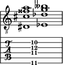  
<<
  %\override Score.BarLine.break-visibility = ##(#f #t #t)
  \time 2/1
    \new Staff  {
    \clef "treble_8"
        \once \override Staff.TimeSignature #'stencil = ##f
        <dis  cis' fisis' a' >1 | <ees  des' g' beses' >1 |
    }

     \new TabStaff {
       \override Stem #'transparent = ##t
       \override Beam #'transparent = ##t 
      s2 <dis\6  cis'\4 g'\3 a'\2 >1 s2
  }
>>
