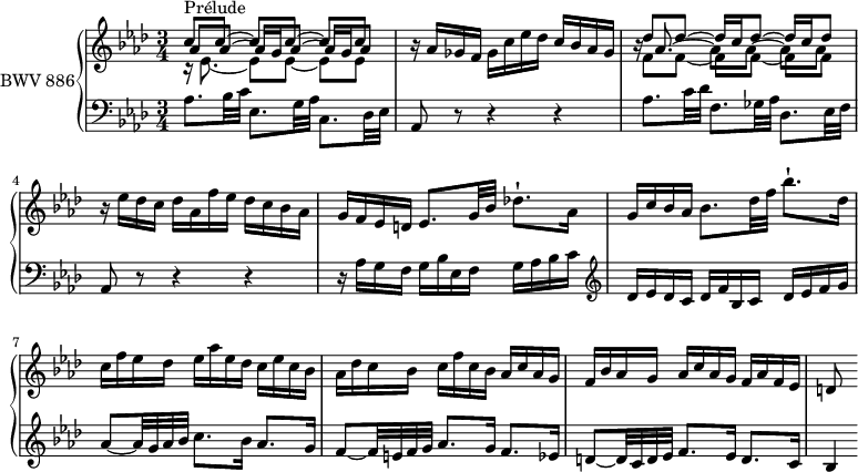 
\version "2.18.2"
\header {
  tagline = ##f
}

upper = \relative c'' {
  \clef treble 
  \key aes \major
  \time 3/4
  \tempo 4 = 66
  \set Staff.midiInstrument = #"harpsichord" 

   %% PRÉLUDE CBT II-7, BWV 876, mi bémol majeur
   << {
     \override Beam #'positions = #'( 3.5 . 3.5 )
     s1*0-\markup{Prélude} c8 c~ c[ c~] c c |
     \revert Beam #'positions
   } \\ {
     r16 ees,8.~ ees8[ ees~] ees ees |
   } \\ {
     \override Beam #'positions = #'( 2.5 . 2.5 )
     aes8 aes~ aes16 g aes8~ aes16 g aes8 |
     \revert Beam #'positions
   } >>
   r16 aes16 ges f ges c ees des c bes aes ges |
   << {
     des'8 des~ des16 c des8~ des16 c des8
   } \\ {
     f,8 f~ f[ f~] f f
   } \\ {
     \once \override NoteColumn.X-offset = #-1.2 b16\rest aes8.~ \stemDown aes8[ aes~] aes aes
   } >>
   r16 ees'16 des c des aes f' ees des c bes aes | g f ees d ees8. g32 bes des!8.-! aes16 g c bes aes bes8. des32 f bes8.-! des,16 | c f ees des ees aes ees des c ees c bes | aes des c bes c f c bes aes c aes g | f bes aes g aes c aes g f aes f ees | d8
 
}

lower = \relative c' {
  \clef bass 
  \key aes \major
  \time 3/4
  \set Staff.midiInstrument = #"harpsichord" 
    
   aes8. bes32 c ees,8. g32 aes c,8. des32 ees aes,8 r8 r4 r4 |
   aes'8. c32 des f,8. ges32 aes des,8. ees32 f | aes,8 r8 r4 r4 |
   r16 aes'16 g f g bes ees, f g aes bes c   \clef treble   des ees des c des f bes, c des ees f g |
   aes8~ aes32 g aes bes c8. bes16 aes8. g16 | f8~ f32 e f g aes8. g16 f8. ees16 d8~ d32 c d ees f8. ees16 d8. c16 | bes4~ 
} 

\score {
  \new PianoStaff <<
    \set PianoStaff.instrumentName = #"BWV 886"
    \new Staff = "upper" \upper
    \new Staff = "lower" \lower
  >>
  \layout {
    \context {
      \Score
      \remove "Metronome_mark_engraver"
      \override SpacingSpanner.common-shortest-duration = #(ly:make-moment 1/2)
    }
  }
  \midi { }
}
