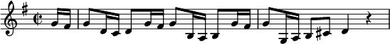 
\ relativ c '' {\ set Staff.midiInstrument = #"violin" \ nøgle diskant \ tid 2/2 \ tast g \ major \ set Score.tempoHideNote = ## t \ tempo 4 = 96 \ partial8 g16 fis 16 g8 [ d16 c] d8 [g16 fis] g8 [b, 16 a] b8 [g'16 fis] g8 [g, 16 a] b8 [cis] d4 r} 