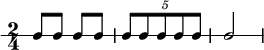  \new RhythmicStaff {
  \clef percussion
  \time 2/4
  \set Score.tempoHideNote = ##t \tempo 4 = 100
  c8 c c c
  \tuplet 5/4 { c8 c c c c }
  c2
}
