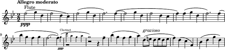  {\new Staff \relative c'{\set Staff.midiInstrument=#"flute" \numericTimeSignature \time 2/2 \set Score.tempoHideNote = ##t \tempo "Allegro moderato" 4=150 \clef treble \key bes \major ^"Flute" |f'2(\ppp g4 d4|f2 d4 c4)|f2(g4 d4 f2.)|4~(2 g4 d4|f2 d4 c4|f4) 4(g4 d4|f2.) 4(|\break bes4 g4 f4 g4|f2.~<< { 4-.)|r1|r2 r4 \set Staff.midiInstrument=#"flute" \relative c'' {\transposition c' f4--)) \new CueVoice {\set Staff.midiInstrument=#"clarinet" \relative c'' {\transposition bes \once \override NoteColumn.force-hshift = #1.3 g'4^"Clarinet"(\ppp|c4 a4 g4 a4|g1)))>>~\set Staff.midiInstrument=#"flute"|bes4(g4 f4 g4|a4) d,8^\markup {\italic "grazioso"} ([e8] d8[e8 d8 e8]|f4) d4(c4 f,4)|bes4(d4 g4 d4)|))