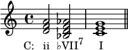 
{
\relative c' { 
  \clef treble 
  \time 4/4
  <d f a>2_\markup { \concat { \translate #'(-4 . 0) { "C:   ii" \hspace #1.5 "♭VII" \raise #1 \small "7" \hspace #3.3 "I" } } }
  <bes d f aes>
  <c e g>1 \bar "||"
} }
