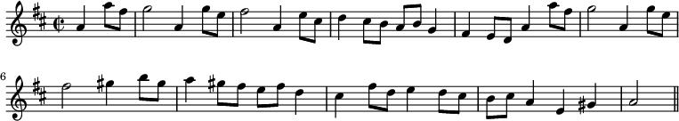 { \time 2/2 \key d \major \partial 2 \relative a' { a4 a'8 fis g2 a,4 g'8 e | fis2 a,4 e'8 cis | d4 cis8 b a b g4 fis e8 d a'4 a'8 fis | g2 a,4 g'8 e fis2 gis4 b8 gis | a4 gis8 fis e fis d4 | cis fis8 d e4 d8 cis | b cis a4 e gis | a2 \bar "||" } }