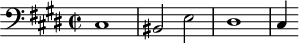 
\version "2.18.2"
\header {
 tagline = ##f
}

\score {
 \new Staff \with {

 }
<<
 \relative c {
 \clef bass 
 \key cis \minor
 \time 2/2

 %% SUJET fugue CBT I-4, BWV 849, ut-dièse mineur
 cis1 bis2 e dis1 cis4

 }
>>
 \layout {
 \context { \Score \remove "Metronome_mark_engraver" 
 %\override SpacingSpanner.common-shortest-duration = #(ly:make-moment 1/2) 
}
 }
 \midi {} 
}
