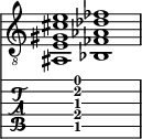  
<<
  %\override Score.BarLine.break-visibility = ##(#f #t #t)
  \time 2/1
    \new Staff  {
    \clef "treble_8"
        \once \override Staff.TimeSignature #'stencil = ##f
        < ais, e gis cis' e'>1 | < bes, fes aes des' fes'>1 |
    }

     \new TabStaff {
       \override Stem #'transparent = ##t
       \override Beam #'transparent = ##t 
      s2 < ais,\5 e\4 gis\3 cis'\2 e'\1>1 s2
  }
>>
