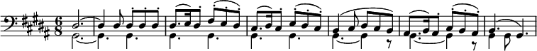 
{\new PianoStaff <<

\new Staff \relative c <<
{\clef bass \time 6/8 \key gis\minor \set Score.tempoHideNote=##t \tempo 4=66 dis2.~ dis4 dis8 dis8-. dis8-. dis8-. dis8. (e16) dis8-. fis8-. (e8-. dis8-.) cis8. (dis16) cis8-. e8-. (dis8-. cis8-.) b4 (cis8 dis8 cis8 b8) ais8. (b16) ais8-. cis8-. (b8-. ais8-.) b4. (gis4.)}
\\
{gis2.~ gis4. gis4. gis4. gis4. gis4. gis4. gis4. ~gis4 r8 gis4. ~gis4 r8 gis4 gis8}
>>
>>}
  