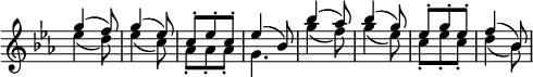 
\relative c''' \new Staff \with { \remove "Time_signature_engraver" } {
 \key es \major \time 3/8 \set Score.tempoHideNote = ##t \tempo "" 4=144
 <<
  {
   g4( f8) g4( es8) c-. es-. c-. es4( bes8)
   bes'4( aes8) bes4( g8) es-. g-. es-. f4( bes,8)
  }
 \\
  {
   es4( d8) es4( c8) aes-. aes-. aes-. g4.
   g'4( f8) g4( es8) c-. es-. c-. d4( bes8)
  }
 >>
}
