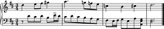 
\new PianoStaff
<<
  \new Staff = "right"
  \relative c'' {
    \time 3/4
    \key d \major
    d4 e8 fis gis4 a4. g!8 f e c4 b cis d2.
    \bar "|."
  }
  \new Staff = "left"
  \relative c' {
    \clef bass
    \time 3/4
    \key d \major
    r8 d[ cis d] b e16-> d
    cis8 d cis b a g
    fis e16 fis g8 e a <a,e' g>
    <d fis>2.
    \bar "|."
  }
>>
\midi {
  \context {
    \Score
    tempoWholesPerMinute = #(ly:make-moment 88 4)
  }
}
