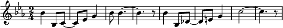 {\key es \major
  \time 2/4 bes'4 bes8 c'~c' es' g'4 bes'8 bes'4.~bes'4. r8 bes'4 bes8 des'~des'8 e' g'4 c''2~c''4. r8 }