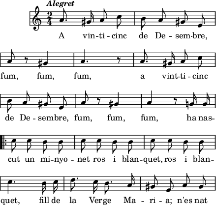 
\version "2.14.2"
\header {
  tagline = ""
}

\score{
  \relative a' {
  \key a \minor
  \time 2/4
    \override Staff.KeySignature #'break-visibility = #'#(#f #f #f)
    \override Staff.Clef #'break-visibility = #'#(#f #f #f)
    \override Score.SystemStartBar #'collapse-height = #1
  \autoBeamOff
  \tempo \markup{\italic Alegret}
  a8. gis16 a8 c 
  b8 a gis e \break
  a8 r gis4 
  a4. r8
  a8. gis16 a8 c \break
  b8 a gis e
  a8 r gis4 
  a4 r8 g!16 g \break
  \bar ".|:"
  c8 c b b
  c8 c b b
  c8 c b b \break
  c4. b16 c
  d8. c16 b8. a16
  gis8 e a gis \break
} \addlyrics {
A vin  -- ti --  cinc de De -- sem -- bre,
fum, fum, fum,
a vint -- ti -- cinc de De -- sem -- bre,
fum, fum, fum,
ha nas -- cut un mi -- nyo -- net
ros i blan -- quet, 
ros i blan -- quet, 
fill de la Ver -- ge Ma -- ri -- a; n'es nat
}
  \layout {
    indent = 15
    line-width = 110
    \context {
      \Score
      \remove "Bar_number_engraver" 
    }
  }
  \midi{}
}
