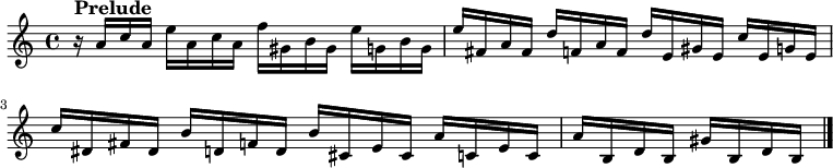 
\new Staff \with {
  midiInstrument = "acoustic grand"
}
\relative c'' {
    \version "2.18.2"
    \key a \minor
    \time 4/4
    \tempo ""
    r16^\markup{\larger \bold "Prelude"} a c a e' a, c a f' gis, b gis e' g, b g 
  e' fis, a fis d' f, a f d' e, gis e c' e, g e
  c' dis, fis dis b' d, f d b' cis, e cis a' c, e c
  a' b, d b gis' b, d b
    \bar "|."
}
