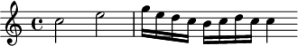 
\header {
 tagline = ##f
}

\score {
 \new Staff \with {

 }
<<
 \relative c'' {
 \key c \major
 \time 4/4
 \override TupletBracket #'bracket-visibility = ##f 
 \autoBeamOff

 %%%%%%%%%%%%%%%%%%%%%%%%%% K5a
 c2 e g16[ e d c] b[ c d c] c4

 }
>>
 \layout {
 \context {
 \remove "Metronome_mark_engraver"
 }
 }
 \midi {}
}
