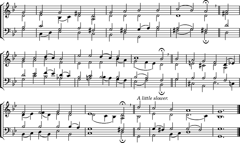 
\new ChoirStaff <<
  \new Staff { \clef treble \time 4/2 \key g \minor \partial 2 \set Staff.midiInstrument = "church organ" \omit Staff.TimeSignature \set Score.tempoHideNote = ##t \override Score.BarNumber  #'transparent = ##t 
  \relative c''
  << { g2 | g g fis d | g a bes bes | c( bes) a \fermata \breathe \bar"||" a \break
       bes c d4( c) bes2 | es es d4( c) d2 | c1 bes2 \fermata \breathe \bar"||" bes a g f d4( es) \break
       f2 f g f | es1 d2 \fermata \breathe \bar"||" d'2^\markup \italic "A little slower." | c2 bes a1 | g1. \bar"|." } \\
  { d2 | es bes4( c) d2 a | d d d d | d1 d2 fis |
    g a bes f | es f f bes4( a) | g2( f4 es) d2 d | e cis d a |
    d4( es) f( d) es2 d | d( c4 bes) a2 bes | es d d2.( c4) | bes1. } >>
  } 
\new Staff { \clef bass \key g \minor \set Staff.midiInstrument = "church organ" \omit Staff.TimeSignature
  \relative c'
  << { bes2 | c g a fis | g fis g4( a) bes2 | a( g) fis! d' |
       d es f4( es) d( c) | bes2 c bes bes | bes( a) f g | a a a f |
       bes bes bes bes4( a) | g1 fis2 g | g4( fis) g2 g( fis) | g1. } \\
  { g2 | c,4( d) es2 d c | bes d g, g' | fis( g) d \fermata d |
    g c bes aes | g a! bes4( a) g( f) | es2( f) bes, \fermata g' | cis, a d2. c4 |
    bes( c) d( bes) es2 bes | c1 d2 \fermata g, | a bes4( c) d1 | g,1. } >>
  } 
>>
\layout { indent = #0 }
\midi { \tempo 2 = 46 }
