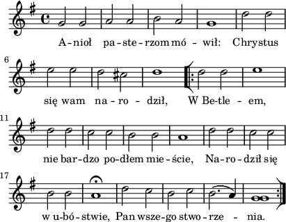 
\paper { #(set-paper-size "a4")
 oddHeaderMarkup = "" evenHeaderMarkup = "" }
\header { tagline = ##f }
\version "2.18.2"
\score {
\midi {  }
\layout { line-width = #100
indent = 0\cm}
\new Staff { \clef "violin" \key g \major \time 4/4 \autoBeamOff \relative f' { g2 g | a a | b a | g1 | d'2 d | e e | d cis | d1 \repeat volta 2 { \bar "[|:" d2 d | e1 | d2 d | c c | b b | a1 | d2 d | c c | b b | a1\fermata | d2 c | b c | b2.(a4) | <g g>1 \bar ":|]" } } }
  \addlyrics { \small A -- nioł pa -- ste -- rzom mó -- wił: Chry -- stus się wam na -- ro -- dził, W_Be -- tle -- em, nie bar -- dzo po -- dłem mie -- ście, Na -- ro -- dził się w_u -- bó -- stwie, Pan wsze -- go stwo -- rze -- nia. } }