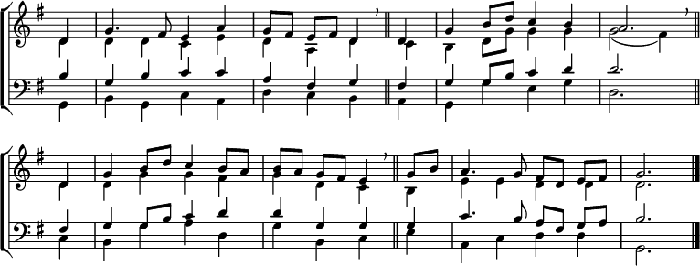 
\new ChoirStaff <<
  \new Staff { \clef treble \time 4/4 \key g \major \partial 4 \set Staff.midiInstrument = "church organ" \omit Staff.TimeSignature \set Score.tempoHideNote = ##t \override Score.BarNumber  #'transparent = ##t
  \relative c'
  << { d4 | g4. fis8 e4 a | g8[ fis] e[ fis] d4 \breathe \bar"||" 
       d4 | g b8 d c4 b a2. \breathe \bar"||" \break
       d,4 | g b8 d c4 b8 a | b[ a] g[ fis] e4 \breathe \bar"||"
       g8 b | a4. g8 fis[ d] e[ fis] | g2. \bar"|." } \\
  { d4 | d d c e | d a d c | b d8 g g4 g | g2( fis4)
    d | d g g fis | g d c b | e e d d | d2. } >>
  } 
\new Staff { \clef bass \key g \major \set Staff.midiInstrument = "church organ" \omit Staff.TimeSignature
  \relative c'
  << { b4 | g b c c | a fis g fis | g g8 b c4 d | d2.
       fis,4 | g g8 b c4 d | d g, g g | c4. b8 a[ fis] g[ a] | b2. } \\
  { g,4 | b g c a | d c b a | g g' e g | d2.
    c4 | b g' a d, | g b, c e | a, c d d | g,2. } >>
  } 
>>
\layout { indent = #0 }
\midi { \tempo 4 = 96 }
