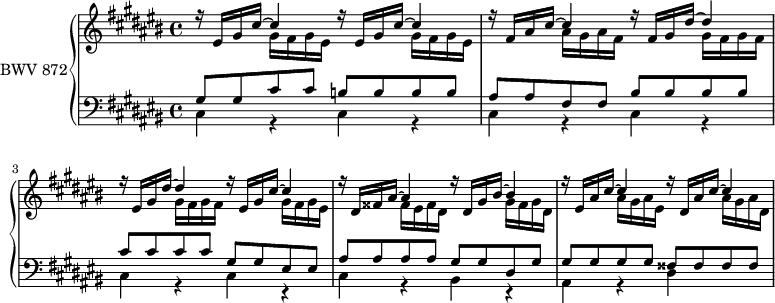 
\version "2.18.2"
\header {
  tagline = ##f
}

upper = \relative c' {
  \clef treble 
  \key cis \major
  \time 4/4
  \tempo 4 = 80
  \set Staff.midiInstrument = #"harpsichord" 

   %% PRÉLUDE CBT II-3, BWV 872, ut-dièse majeur
   \repeat unfold 2 { << { r16 eis gis cis~ cis4 } \\ { s4 gis16 fis gis eis } >> }
   << { r16 fis16 ais cis~ cis4 r16 fis, gis dis'~ dis4 } \\ { s4 ais16 gis ais fis s4 gis16 fis gis fis } >>
   << { r16 eis16 gis dis'~ dis4 r16 eis,16 gis cis~ cis4 } \\ { s4 gis16 fis gis fis s4 gis16 fis gis eis } >>
   << { r16 dis16 fisis ais~ ais4 r16 dis,16 gis bis~ bis4 } \\ { s4 fisis16 eis fisis dis s4 gis16 fisis gis dis } >>
   << { r16 eis16 ais cis~ cis4 r16 dis,16 ais' cis~ cis4 } \\ { s4 ais16 gis ais eis s4 ais16 gis ais dis, } >>
}

lower = \relative c {
  \clef bass 
  \key cis \major
  \time 4/4
  \set Staff.midiInstrument = #"harpsichord" 
    
   << { gis'8 gis cis cis b b b b ais ais fis fis \repeat unfold 4 { bis } \repeat unfold 4 { cis } gis gis eis eis | ais ais ais ais gis gis dis gis | \repeat unfold 4 { gis } \repeat unfold 4 { fisis } | } \\ { \repeat unfold 3 { \repeat unfold 2 { cis4 r4 } } cis4 r4 bis r4 ais r4 dis } >>
    
} 

\score {
  \new PianoStaff <<
    \set PianoStaff.instrumentName = #"BWV 872"
    \new Staff = "upper" \upper
    \new Staff = "lower" \lower
  >>
  \layout {
    \context {
      \Score
      \remove "Metronome_mark_engraver"
    }
  }
  \midi { }
}
