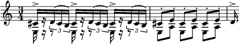 
\language "italiano"
\score {
      \relative do' {
          \time 3/4
          << { \tupletDown dod16[-> r \tuplet 3/2 { re( dod si) }] dod16[-> r \tuplet 3/2 { re( dod si) }] dod16[-> r \tuplet 3/2 { re( dod si) }] } \\ { \repeat unfold 3 { mi,16 mi\rest mi8\rest} } >> | 
          << { dod'8[-. mi]-. dod[-. mi]-. dod[-. mi]-. } \\ { mi,8[ la] mi[ la] mi[ la] } >> | re16^>
      }
  \layout {
    \context { \Staff \RemoveEmptyStaves }
    indent = 0\cm
    line-width = #120
    \override Score.BarNumber #'stencil = ##f
  }
  \midi { }
}
\header { tagline = ##f}
