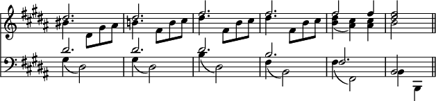 { \override Score.TimeSignature #'stencil = ##f << \new Staff { \time 3/4 \key gis \minor << \new Voice { \stemUp \relative d'' { dis2. dis fis fis fis2 fis4 <fis dis>2 \bar "||" } }
\new Voice { \stemDown \relative b' { bis4. dis,8 gis ais | b!4. fis8 b cis | dis4. fis,8 b cis | dis4. fis,8 b cis | <dis b>4_( <cis ais>) q | b2 } } >> }
\new Staff { \clef bass \key gis \minor << \new Voice { \stemUp dis'2. dis' dis' b fis b,2 }
\new Voice { \stemDown gis4_( dis2) | gis4_( dis2) | b4_( dis2) | fis4_( b,2) | fis4_( fis,2) | b,4 b,, } >> } >> }