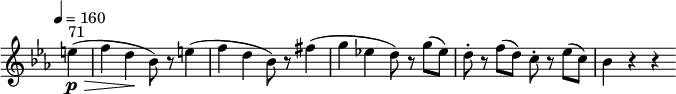 \ version "2.18.2" \ relative c '' {\ key ees \ major \ time 4/4 \ time 4 = 160 \ omit Staff.TimeSignature \ partial 4 e4 \ p \> ^ \ markup {71} (fd \ ! bes8) r e4 (f4 d bes8) r fis'4 (g ees! d8) rg (es) d-. r f (d) c-. r ees (c) bes4 r r}