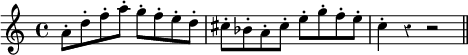 
\relative c'' {
  \override Rest #'style = #'classical
  a8-. d-. f-. a-. g-. f-. e-. d-. cis-. bes-. a-. cis-. e-. g-. f-. e-. c4-. r r2
  \bar "||"
}
