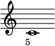 
\language "italiano"

\layout {
  indent = 0 \mm
  short-indent = 0 \mm
  line-width = #20
  \context {
    \Score
    \omit TimeSignature
    \omit BarLine
    \omit BarNumber
  }
}

\relative do' {
  \key do \major
  \clef treble
  do1_\markup {\lower #3 \halign #.2 \small {5} }
}
