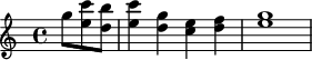 {\ tijd 4/4 \ skip4 \ skip4.  g``8 <e '' c '' '> <d' 'b' '> <e' 'c' ''> 4 <d '' g ''> <c '' e ''> <d ' 'f' '> <e' 'g' '> 1}