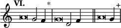 
\language "français" % pour avoir du sol, la etc...
\relative {  \key do \major \tempo "VI."   
            \set Score.tempoHideNote = ##t \tempo 4 = 200 \cadenzaOn 
            \override Score.TimeSignature.stencil = ##f 
            \override Score.SpacingSpanner.common-shortest-duration = #(ly:make-moment 1 2) 
\tweak duration-log #-1 \tweak Stem.stencil ##f 
la'2 sol2 fa4 s4.^"*"\bar "|" 
\tweak duration-log #-1 \tweak Stem.stencil ##f 
sol2 re2 fa4  s4.\bar "||"
\tweak duration-log #-1 \tweak Stem.stencil ##f 
la2 sol4  s4.^"+"\bar "|"
\cadenzaOff }
