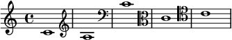 
\relative c' {
  \clef "treble"
  c1
  \clef "french"
  c1
  \clef "bass"
  c1
  \clef "alto"
  c1
  \clef "tenor"
  c1
}