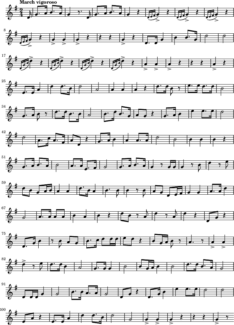 
\transpose c g
\relative c'{
 \key c \major
 \time 2/4
 \partial 16
 \tempo "March vigoroso" 
 g16 | c8. d16 e8. d16 | c4 r8. g16 | c8. d16 e8. d16 | c4 r4 
 \appoggiatura{ g16[ a16 b16]} c4-> r4 
 \appoggiatura{ g16[ a16 b16]} c4-> r4 
 \appoggiatura{ g16[ a16 b16]} c4-> r4 
 \appoggiatura{ g16[ a16 b16]} c4-> r4 
 c4-> c4-> | c4-> r4 | r4 r4 | c4-> r4
 g8. g16 c4 | e4 e8. c16 | g'2 | g2
 \appoggiatura{ g,16[ c16 e16]} g4-> r4 
 \appoggiatura{ g,16[ c16 e16]} g4-> r4 
 \appoggiatura{ g,16[ c16 e16]} g4-> r4 
 \appoggiatura{ g,16[ c16 e16]} g4-> r4 
 d4-> d4-> | d4-> r4 | r4 r4 | d4-> r4
 a8. a16 d4 | g4 g8. e16 | g2 | d2
 d4 d4 | d4 r4 | g8. g16 e8 r8 | a8. a16 g8. g16
 e2 | c8. d16 e8 r8 | g8. g16 e8. e16 | d2
 e8. g16 e8. c16 | d8 c8 r4 | c8. d16 e4 | a4 a8. a16
 g2 | g2 | d8. f16 d8. b16 | d8 g,8 r4
 c8. d16 e4 | d4 d8. d16 | g2 | e2
 e4 e4 | e4 r4 | c8. d16 e8. d16 | e2
 d8. d16 a8. b16 | c2 | c8. d16 e8. d16 | c4 r8 c16 c16
 c4 r8 e8 | g4 r8 a8 | g8 e8 c8 d16 e16 | d4 d4
 g8. e16 d4 | e4. e8 | e4 r8 e8 | d8 c8 g8 a16 b16
 c4 c4 | d8. d16 g4 | c,2 | d8. d16 d8 d8
 e4 d4 | e4 r4 | g8 e8 r8 d8 | g4 r8 d8
 g4 r4 | g,8 c8 r4 | g8. c16 e4 | r8 e8 d8 c8
 e8. f16 g8 g16 g16 | a8 g8 r4 | e8 c16 d16 e8 r8 | d4. r8
 d4-> d4-> | g4-> r8 a8 | g8. g16 e4 | d2
 c8. c16 c4 | e2 | e8 c16 d16 e4 | e2
 g8. g16 e8. d16 | c2 | g8 g16 g16 c4 | c2
 e8. e16 d8. d16 | c2 | g8 c8 r4 | g8. c16 e4
 a4 a8. a16 | g2 | g2 | a,8 d8 r4
 a8. a16 d4 | g4 g8. e16 | g2 | c,2
 c4-> c4-> | c4-> r4 | r4 r4 | c4-> r8
}
