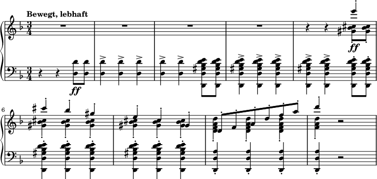 
\relative c''' {
  \new PianoStaff <<
    \new Staff <<
      \new Voice = "first" {
        \set Staff.midiInstrument = #"string ensemble 1" \set Score.tempoHideNote = ##t \tempo "Bewegt, lebhaft" 4 = 175 \stemUp \clef treble \key d \minor \time 3/4
        R2.*4 |
        s4 s4 e4 ^. |
        cis4 ^. bes4 ^. gis4 ^. |
        e4 ^. cis4 ^. gis4 ^. |
        d8 ^. f8 ^. a8 ^. d8 ^. f8 ^. a8 ^. |
        d4 ^. s2 |
      }
      \relative c'' \new Voice = "second" {
        \stemDown
        s1*3 |
        r4 r4 <gis bes cis>8 \ff _. <gis bes cis>8 _. |
        <gis bes cis>4 _. <gis bes cis>4 _. <gis bes cis>4 _. |
        <gis bes cis>4 _. <gis bes cis>4 _. <gis bes cis>4 _. |
        <d f a d>4 _. <d f a d>4 _. <d f a d>4 _. |
        <f a d>4 _. r2 |
      }
    >>
    \new Staff <<
      \relative c \new Voice = "third"  { \set Staff.midiInstrument = #"string ensemble 1" \clef bass \key d \minor \time 3/4
        r4 r4 <d d'>8 \ff <d d'>8 |
        <d d'>4 -> <d d'>4 -> <d d'>4 -> |
        <d d'>4 -> <d d'>4 -> <d, d' gis bes d e>8 <d d' gis bes d e>8 |
        <d d' gis bes d e>4 -> <d d' gis bes d e>4 -> <d d' gis bes d e>4 -> |
        <d d' gis bes d e>4 -> <d d' gis bes d e>4 -> <d d' gis bes d e>8 -. <d d' gis bes d e>8 -. |
        <d d' gis bes d e>4 -. <d d' gis bes d e>4 -. <d d' gis bes d e>4 -. |
        <d d' gis bes d e>4 -. <d d' gis bes d e>4 -. <d d' gis bes d e>4 -. |
        <d d' a'>4 -. <d d' a'>4 -. <d d' a'>4 -. |
        <d d' a'>4 -. r2 |
      }
    >>
  >>
}
